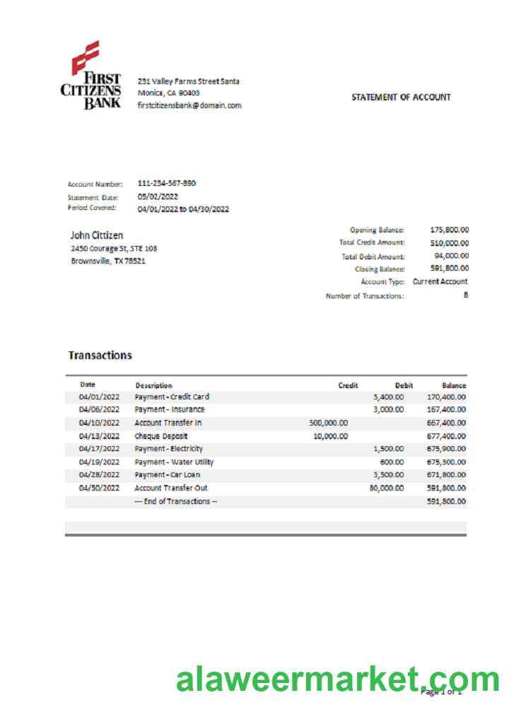 USA Texas First Citizens bank statement Word and PDF template.1